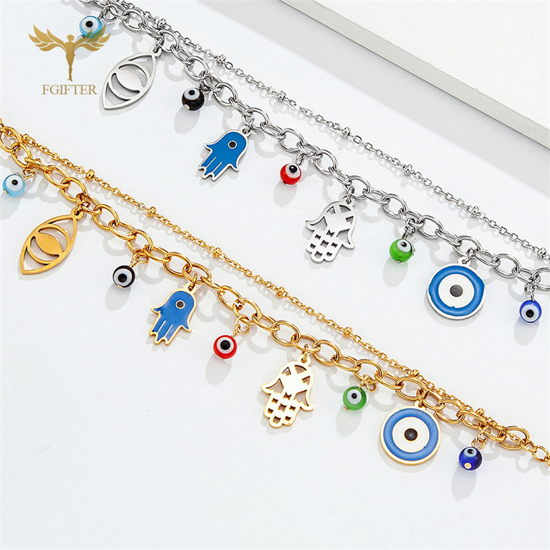 Lucky Turkish Evil Eye karkötők nőknek Hamsa Hand Charms Eye Glass golyók 2 fekvésű rozsdamentes acél lánc homár kapcsos ékszerek