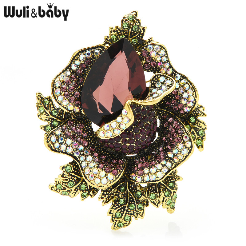 Wuli&baby Broșe mari cu flori cu stras pentru femei, unisex, 3 culori, nunți, pentru petrecere, ace, cadouri