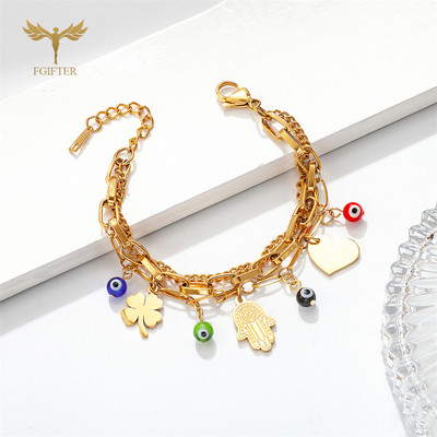 Brățări norocoase pentru femei de modă Trifoi Inimă Hamsa Brelocuri de mână Bile de sticlă pentru ochi rău 3 lacuri Bijuterii din oțel inoxidabil