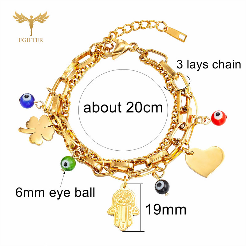 Brățări norocoase pentru femei de modă Trifoi Inimă Hamsa Brelocuri de mână Bile de sticlă pentru ochi rău 3 lacuri Bijuterii din oțel inoxidabil