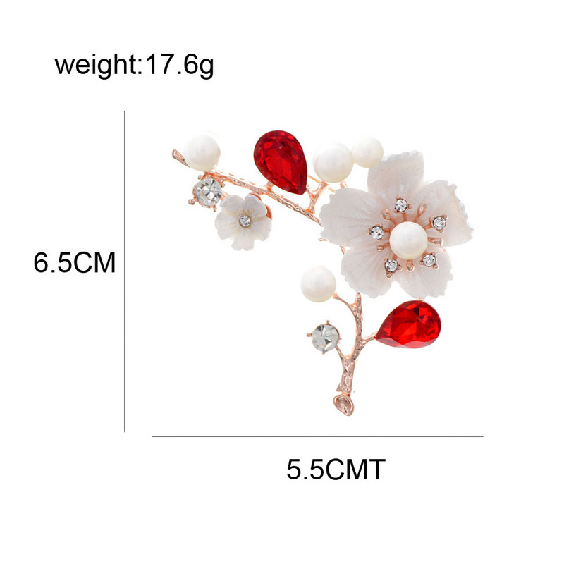 CINDY XIANG Broșe cu flori de coajă și perle pentru femei, broșă de modă elegantă, broșă de cristal roșu, bijuterii de nuntă de înaltă calitate
