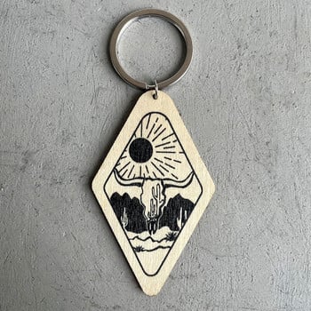 Rhombus Wood Scene Mountain and Desert Cactus Keychain Ξύλινο μπρελόκ Χαριτωμένο δώρο για εξωτερικούς χώρους & περιπέτεια 2022 Νέο