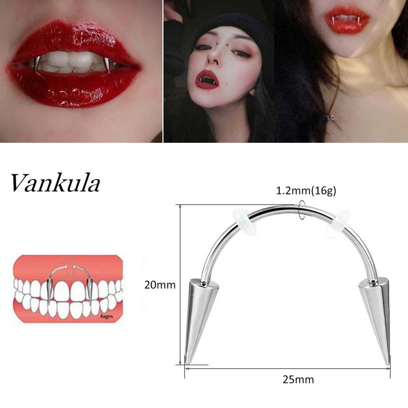 Vankula din oțel inoxidabil 2021, decorație pentru dinți la modă, în formă de C, buză, dinte de tigru, unghie, dinte de zombie, piercing de vampir, bijuterii