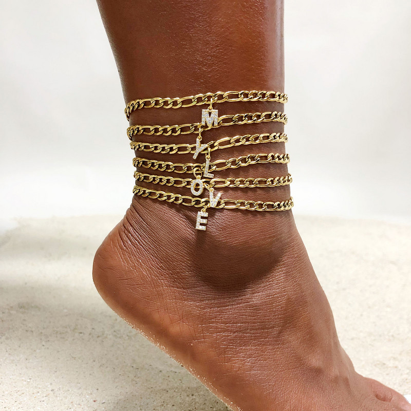 Crystal AZ Letter Initial bokalánc karkötő nőknek, Cuban Link bokalánc rozsdamentes acél strandláb lábláncok nagykereskedelme