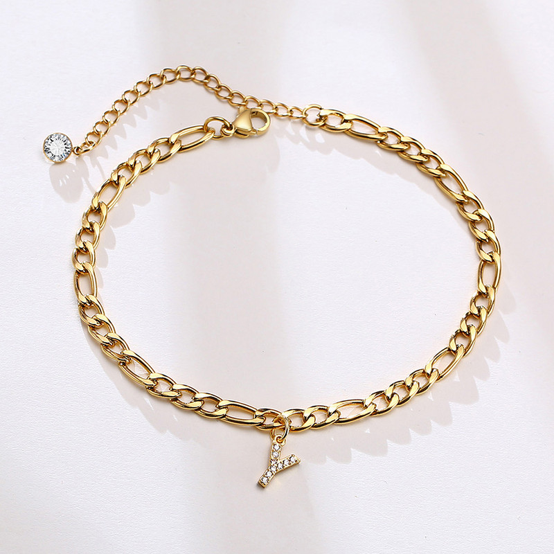 Crystal AZ Letter Initial bokalánc karkötő nőknek, Cuban Link bokalánc rozsdamentes acél strandláb lábláncok nagykereskedelme