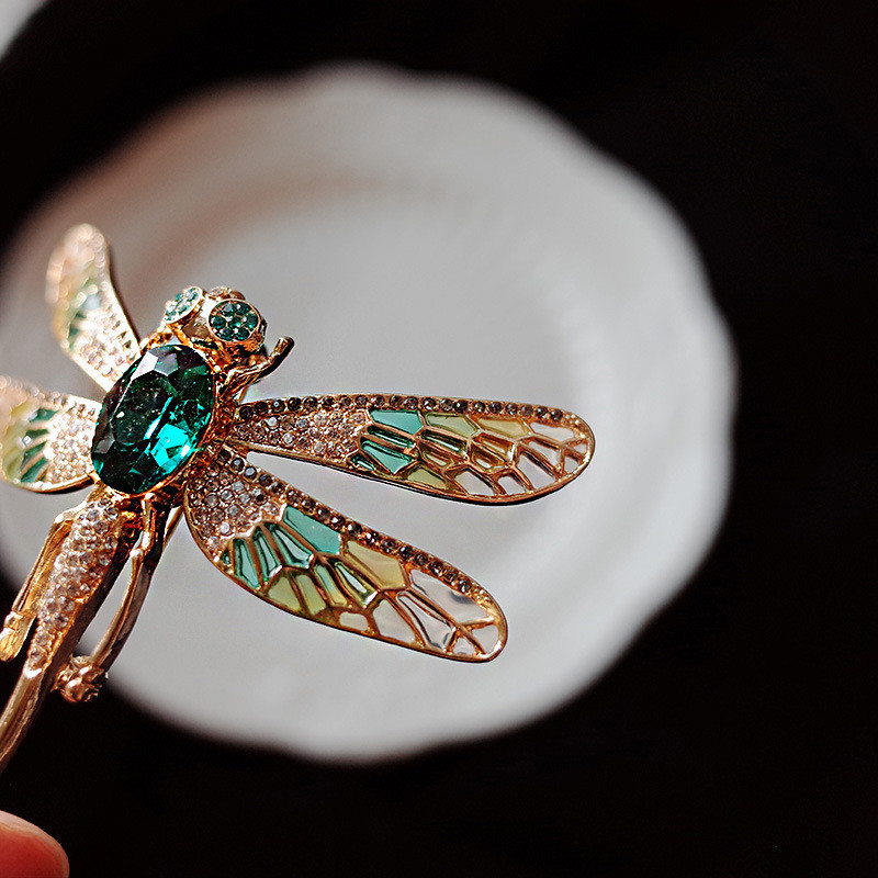 Broșe clasice cu libelule din cristal verde, cu strasuri, animale, insecte, pentru femei, bijuterii, ținute, decorare, broșă, cadouri