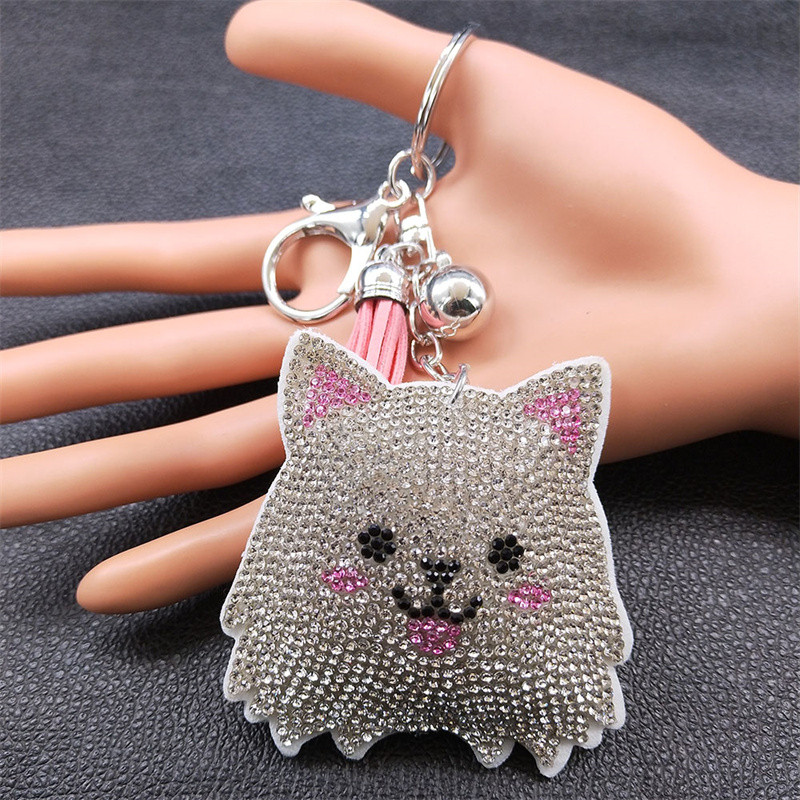 Câine de desene animate Samoye bibelouri Suport pentru breloc din aliaj strass cristal de culoare argintie Animal pandantiv Breloc bijuterii llavero KXHK70