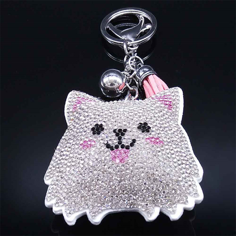 Câine de desene animate Samoye bibelouri Suport pentru breloc din aliaj strass cristal de culoare argintie Animal pandantiv Breloc bijuterii llavero KXHK70