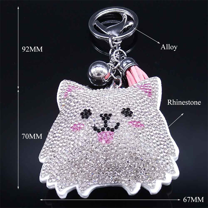 Câine de desene animate Samoye bibelouri Suport pentru breloc din aliaj strass cristal de culoare argintie Animal pandantiv Breloc bijuterii llavero KXHK70