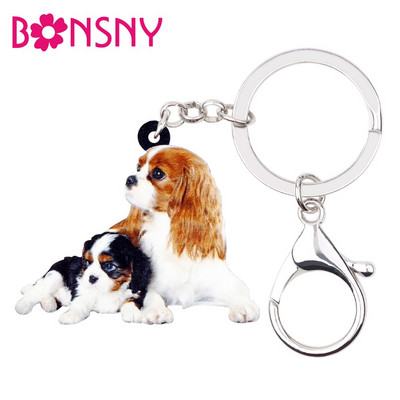 Bonsny Acrylic Cute Double Cavalier King Charles Spaniel Dog Ключодържатели Ключодържатели Пръстени Чанта Car Charms Бижута за жени Момичета