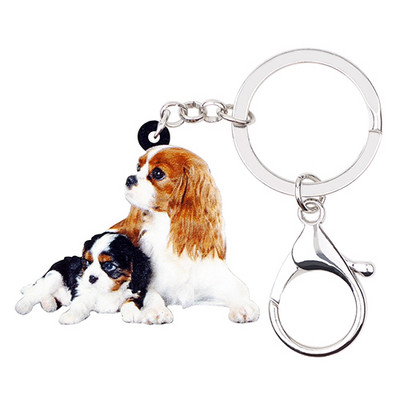 Bonsny Acrilic Drăguț Double Cavalier King Charles Spaniel Câine Breloc Brelocuri Inele Geantă Breloc mașină Bijuterii pentru femei fete