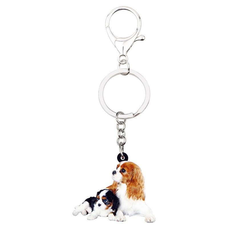 Bonsny Acrilic Drăguț Double Cavalier King Charles Spaniel Câine Breloc Brelocuri Inele Geantă Breloc mașină Bijuterii pentru femei fete