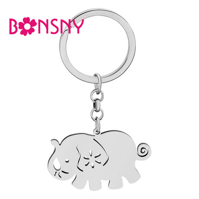 Breloc cu șnur cu elefant din oțel inoxidabil Bonsny, placat cu argint, pentru suport pentru chei de mașină, farmece Kawaii pentru animale de companie, bijuterii pentru femei