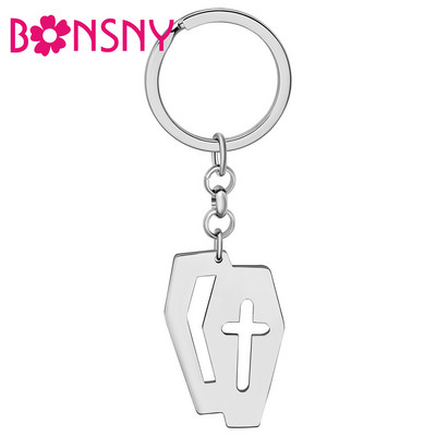 Bonsny Хелоуин Неръждаема стомана със сребърно покритие Кръст ключодържател Куха висулка Ключодържател Уникални талисмани Бижута за жени Подаръци