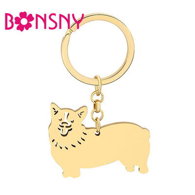 Bonsny nerūdijančio plieno paauksuotas Corgi Dog raktų pakabukai Raktų rankinė Metalinis laikiklis Charms Mieli naminiai gyvūnai Papuošalai moterims