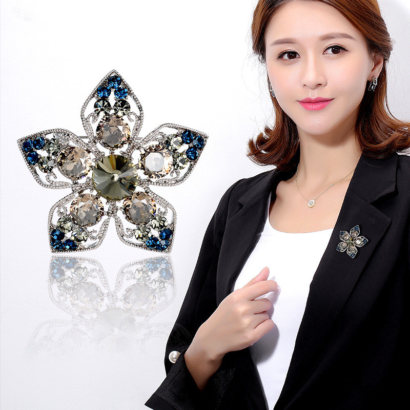Broșă cu flori de epocă în stil coreean, ace cu strasuri, gri albastru, pentru costum, broșe pentru haine, cadou Bisuteria pentru femei