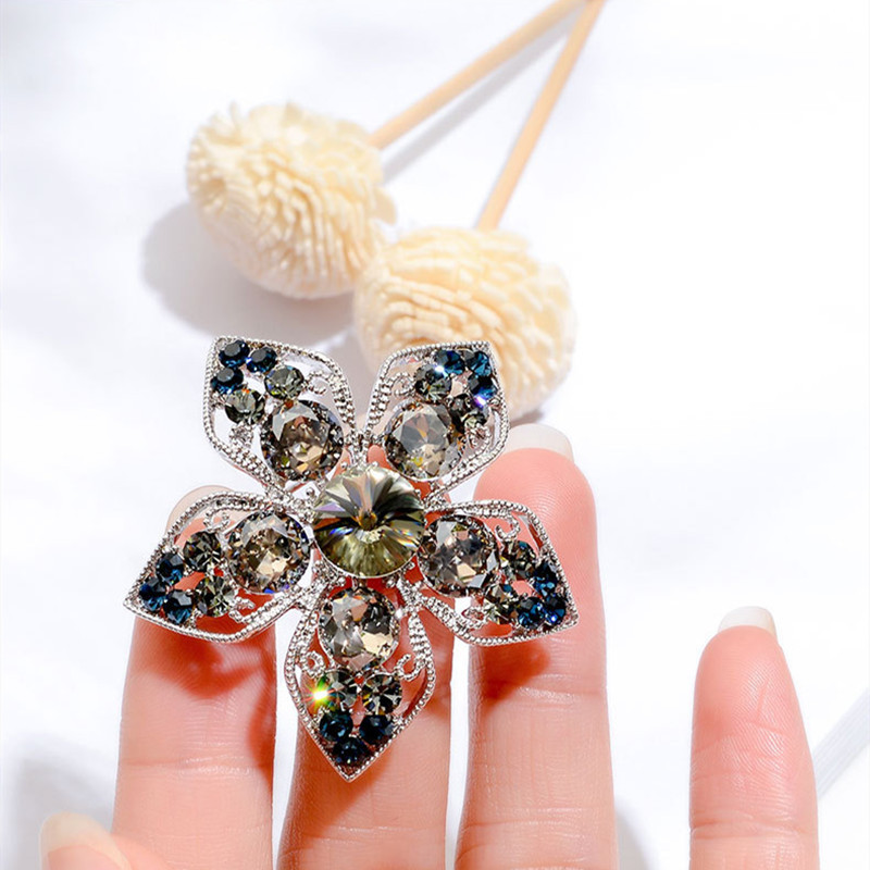 Broșă cu flori de epocă în stil coreean, ace cu strasuri, gri albastru, pentru costum, broșe pentru haine, cadou Bisuteria pentru femei