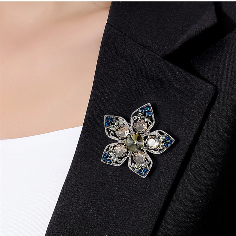 Broșă cu flori de epocă în stil coreean, ace cu strasuri, gri albastru, pentru costum, broșe pentru haine, cadou Bisuteria pentru femei