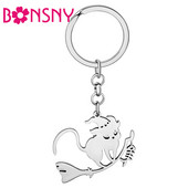 Bonsny Halloween Pălărie magică din oțel inoxidabil placat cu argint Brelocuri pentru pisici Breloc lung cu mătură Breloc noutate Bijuterii pentru femei fete