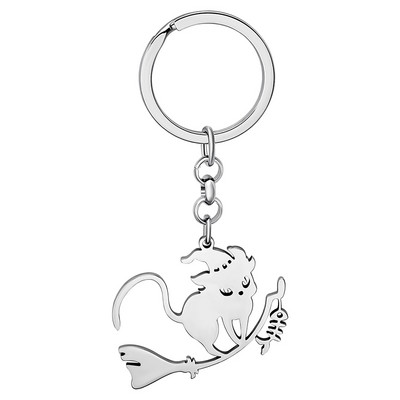 Bonsny Halloween Pălărie magică din oțel inoxidabil placat cu argint Brelocuri pentru pisici Breloc lung cu mătură Breloc noutate Bijuterii pentru femei fete