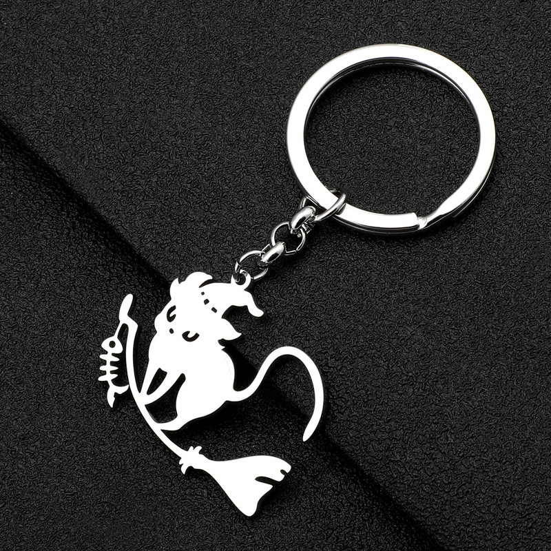 Bonsny Halloween Pălărie magică din oțel inoxidabil placat cu argint Brelocuri pentru pisici Breloc lung cu mătură Breloc noutate Bijuterii pentru femei fete