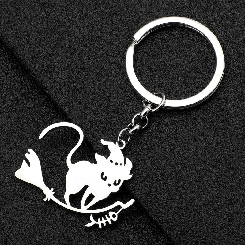 Bonsny Halloween Pălărie magică din oțel inoxidabil placat cu argint Brelocuri pentru pisici Breloc lung cu mătură Breloc noutate Bijuterii pentru femei fete