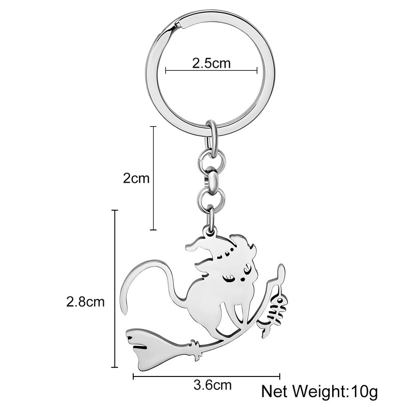 Bonsny Halloween Pălărie magică din oțel inoxidabil placat cu argint Brelocuri pentru pisici Breloc lung cu mătură Breloc noutate Bijuterii pentru femei fete