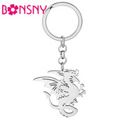 Brelocuri Bonsny din oțel inoxidabil placat cu argint coadă ondulată din dinozaur dragon mitic breloc inel de modă bijuterii pentru femei adolescenți cadouri