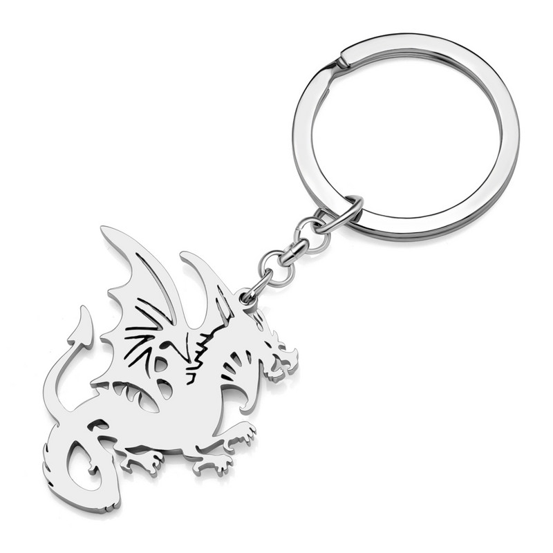 Brelocuri Bonsny din oțel inoxidabil placat cu argint coadă ondulată din dinozaur dragon mitic breloc inel de modă bijuterii pentru femei adolescenți cadouri