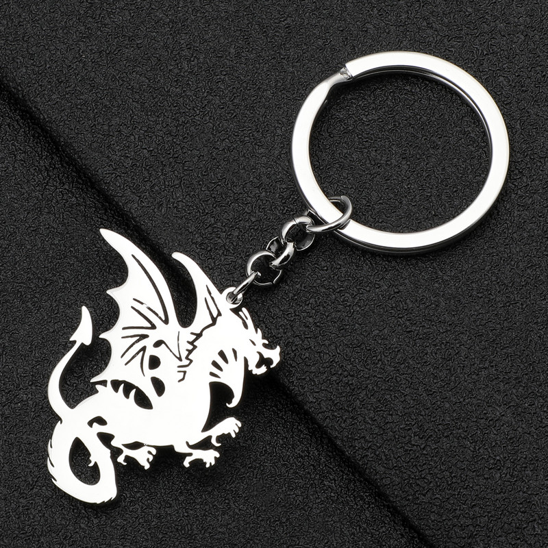 Brelocuri Bonsny din oțel inoxidabil placat cu argint coadă ondulată din dinozaur dragon mitic breloc inel de modă bijuterii pentru femei adolescenți cadouri