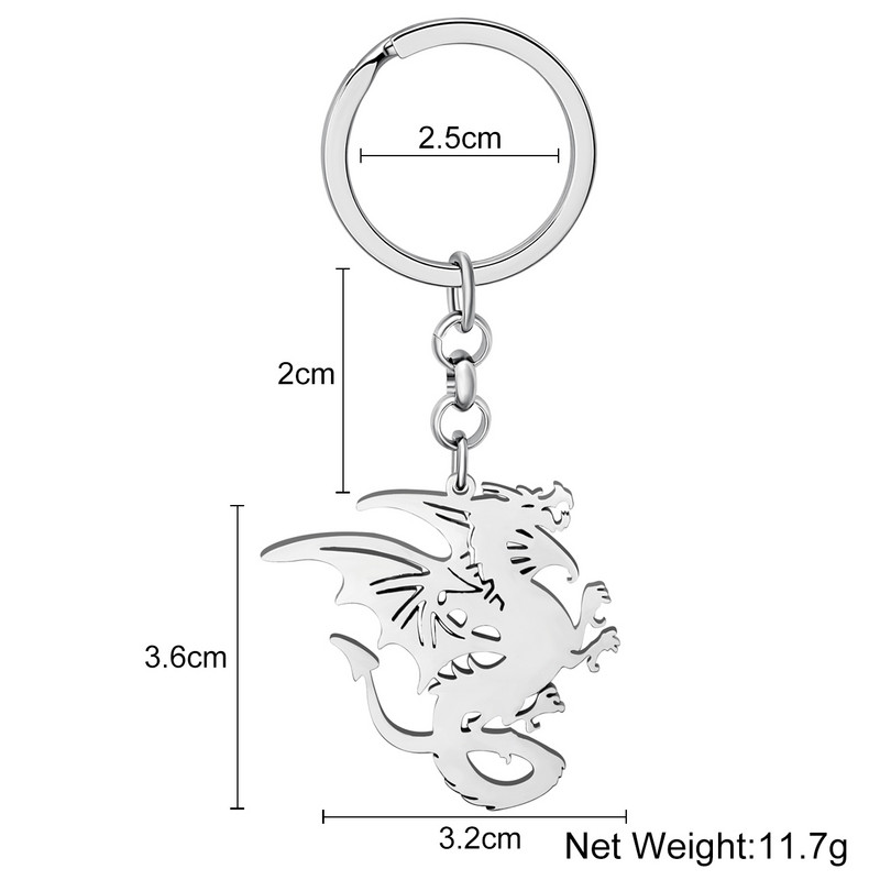 Brelocuri Bonsny din oțel inoxidabil placat cu argint coadă ondulată din dinozaur dragon mitic breloc inel de modă bijuterii pentru femei adolescenți cadouri