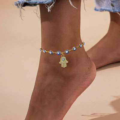 Bohemia Fatima Hamsa Hand Evil Blue Eye Charm Brățară de gleznă pentru femei, lanț din oțel inoxidabil de culoare aurie, gleznă reglabilă pentru picior