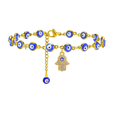 Bohemia Fatima Hamsa Hand Evil Blue Eye Charm Brățară de gleznă pentru femei, lanț din oțel inoxidabil de culoare aurie, gleznă reglabilă pentru picior