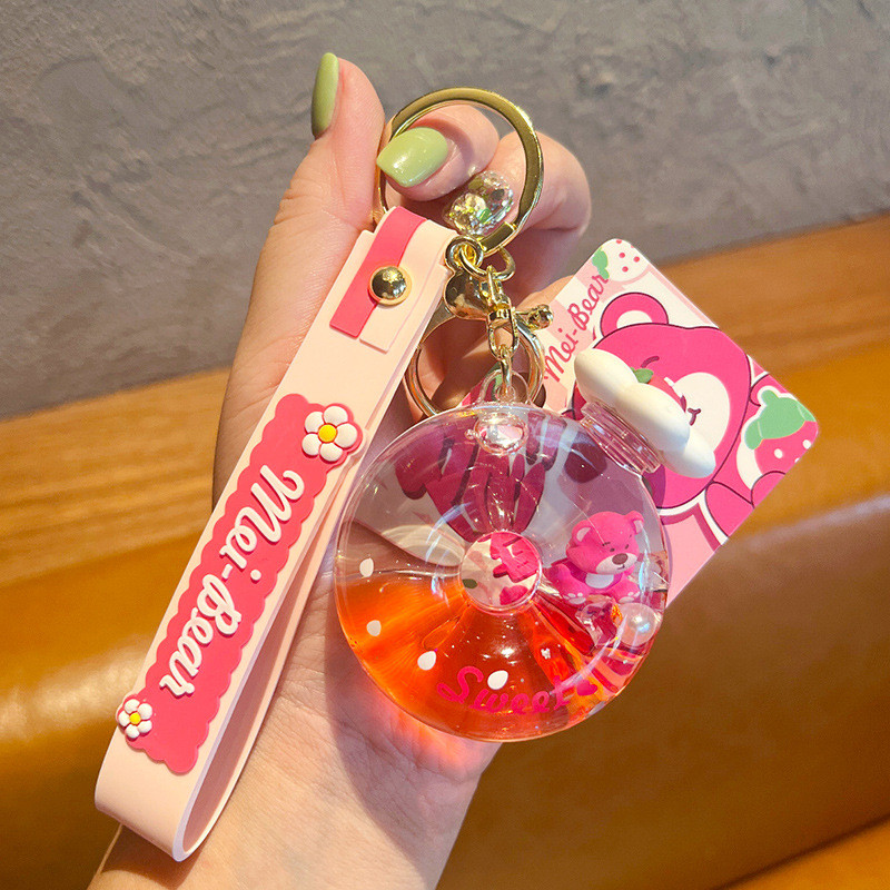 Breloc cu flori rotative cu flori de gogoși roz căpșuni, urs plutitor lichid, breloc acrilic, femei, fete, rucsac, breloc, ornament