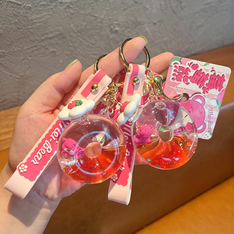 Breloc cu flori rotative cu flori de gogoși roz căpșuni, urs plutitor lichid, breloc acrilic, femei, fete, rucsac, breloc, ornament