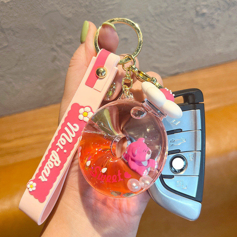 Breloc cu flori rotative cu flori de gogoși roz căpșuni, urs plutitor lichid, breloc acrilic, femei, fete, rucsac, breloc, ornament