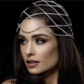 2021 Hollow Rhinestone Mesh Headpiece Κόσμημα με αλυσίδα γάμου για γυναίκες Πολυτελές κρυστάλλινο κεφαλόδεσμο Αξεσουάρ για τα μαλλιά καπέλο κεφαλής