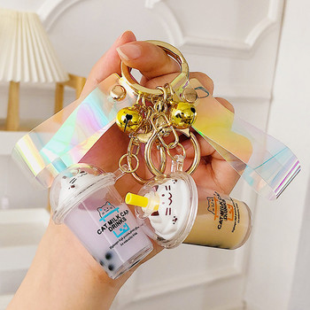 Χαριτωμένο Cartoon Cat Milk Tea Chain Keychain Liquid Quicksand Keychains Γυναικεία μόδα Γούρι μενταγιόν σακίδιο πλάτης