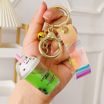 Χαριτωμένο Cartoon Cat Milk Tea Chain Keychain Liquid Quicksand Keychains Γυναικεία μόδα Γούρι μενταγιόν σακίδιο πλάτης