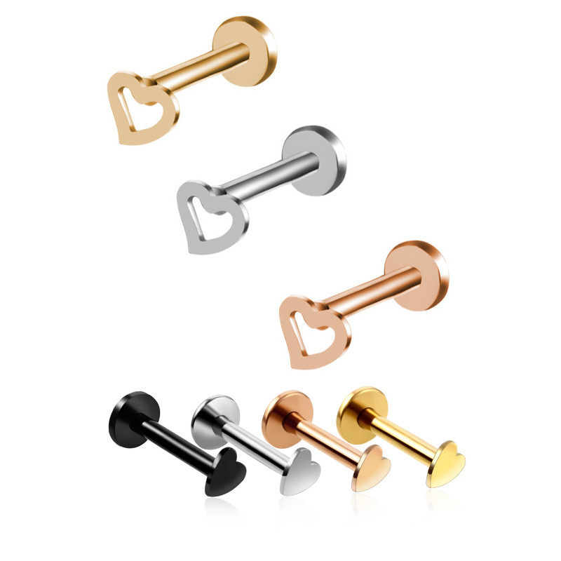 2 buc 1.2x6/8mm inimă din oțel Labret Stud buze inel colorat fir intern cartilaj ureche piercing tragus helix bijuterii sexy 16g
