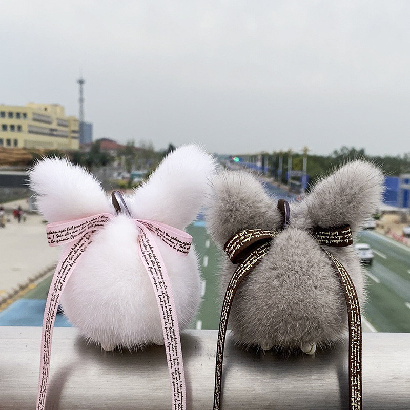 Breloc cu iepure din blană de nurcă, geantă moale pentru păpușă, cu pompon pufos, breloc cu iepure de jad, breloc pentru mașină