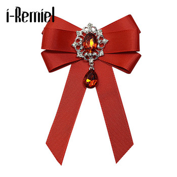 i-Remiel Fashion Red Ribbon Bow Brooch Rhinestone Crystal Fabric Cloth Art Луксозна сватбена рокля Игли и брошки Подарък за жени