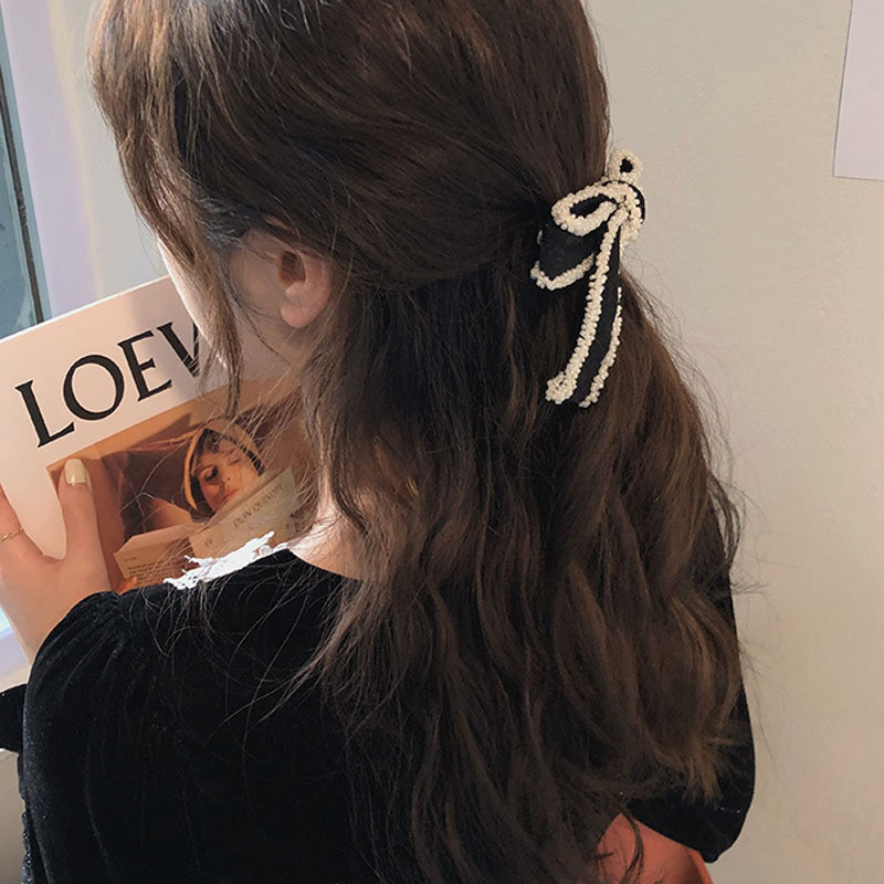 Clip de primăvară cu fundă elegantă cu margele pentru femei, coafură, moda coreeană, panglică neagră, ac de păr, accesorii de păr pentru fete