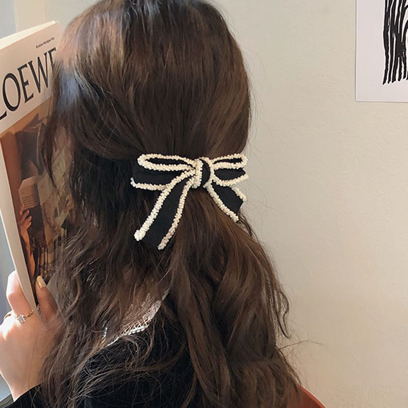 Clip de primăvară cu fundă elegantă cu margele pentru femei, coafură, moda coreeană, panglică neagră, ac de păr, accesorii de păr pentru fete