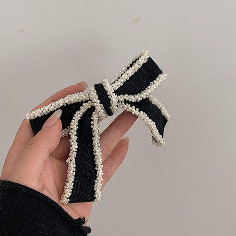 Clip de primăvară cu fundă elegantă cu margele pentru femei, coafură, moda coreeană, panglică neagră, ac de păr, accesorii de păr pentru fete