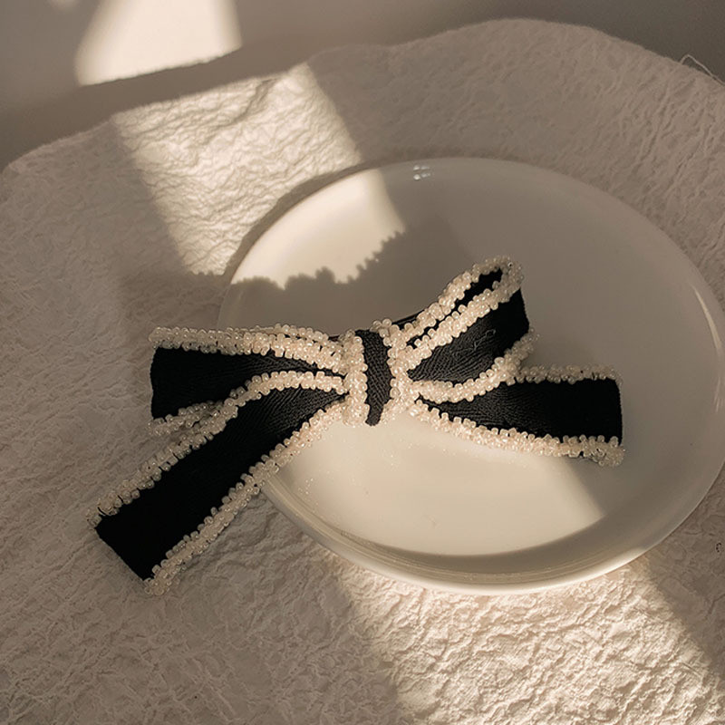 Clip de primăvară cu fundă elegantă cu margele pentru femei, coafură, moda coreeană, panglică neagră, ac de păr, accesorii de păr pentru fete