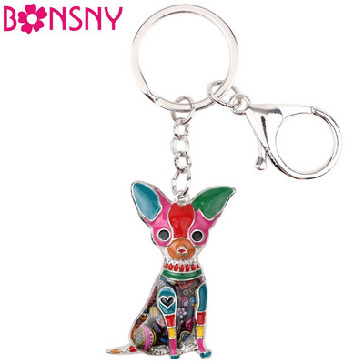 Bonsny Statement Enamel Seding Chihuahua Dog Ключодържатели Ключодържател Пръстен Бижута с животни за жени Момиче Дамска чанта Charms Dropshipping