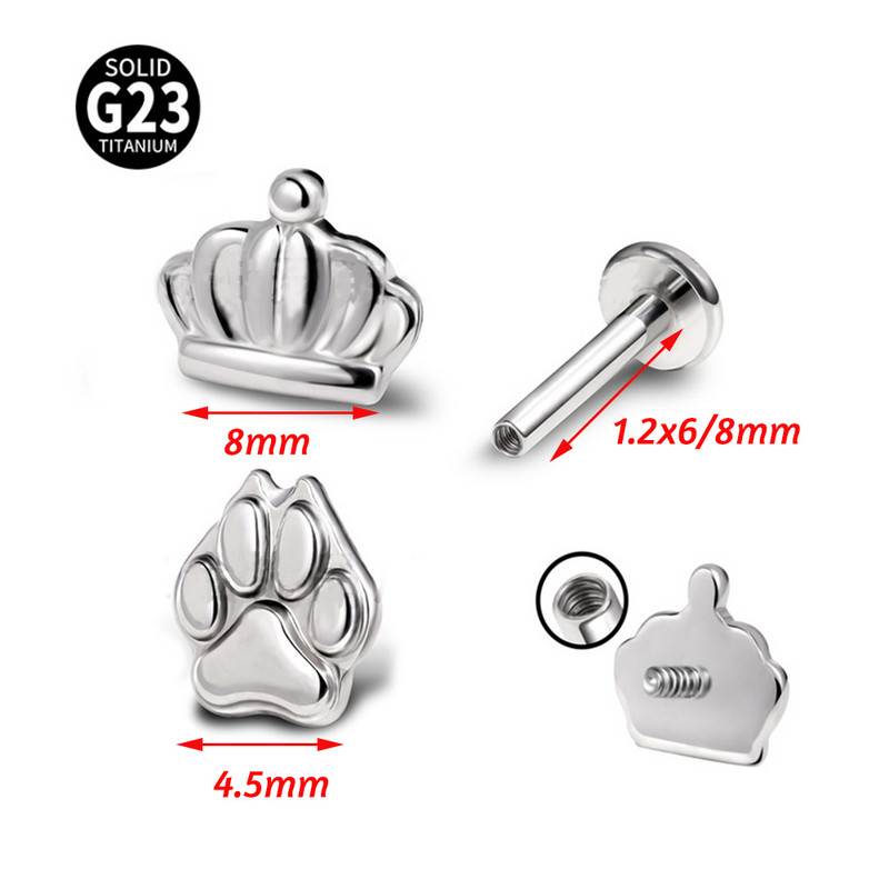 1 buc F136 titan coroană buză Labret Paw cercei pentru urechi pentru femei/bărbați 6/8mm bijuterii piercing cartilaj tragus