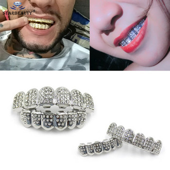 1 Σετ Hip Hop Top & Bottom Teeth Grillz Hip Hop Gold Ασημί-Χρώμα Iced Out CZ Teeth Grillz Top Bottom Bling Ανδρικά κοσμήματα