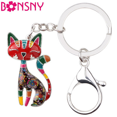 Bonsny Zománcötvözet Elegáns Kitten Cat Kulcstartók Kulcstartók Gyűrűk Tartó Medál Divat Női Lányok Ékszer Táska Autós Bűvész Ajándék